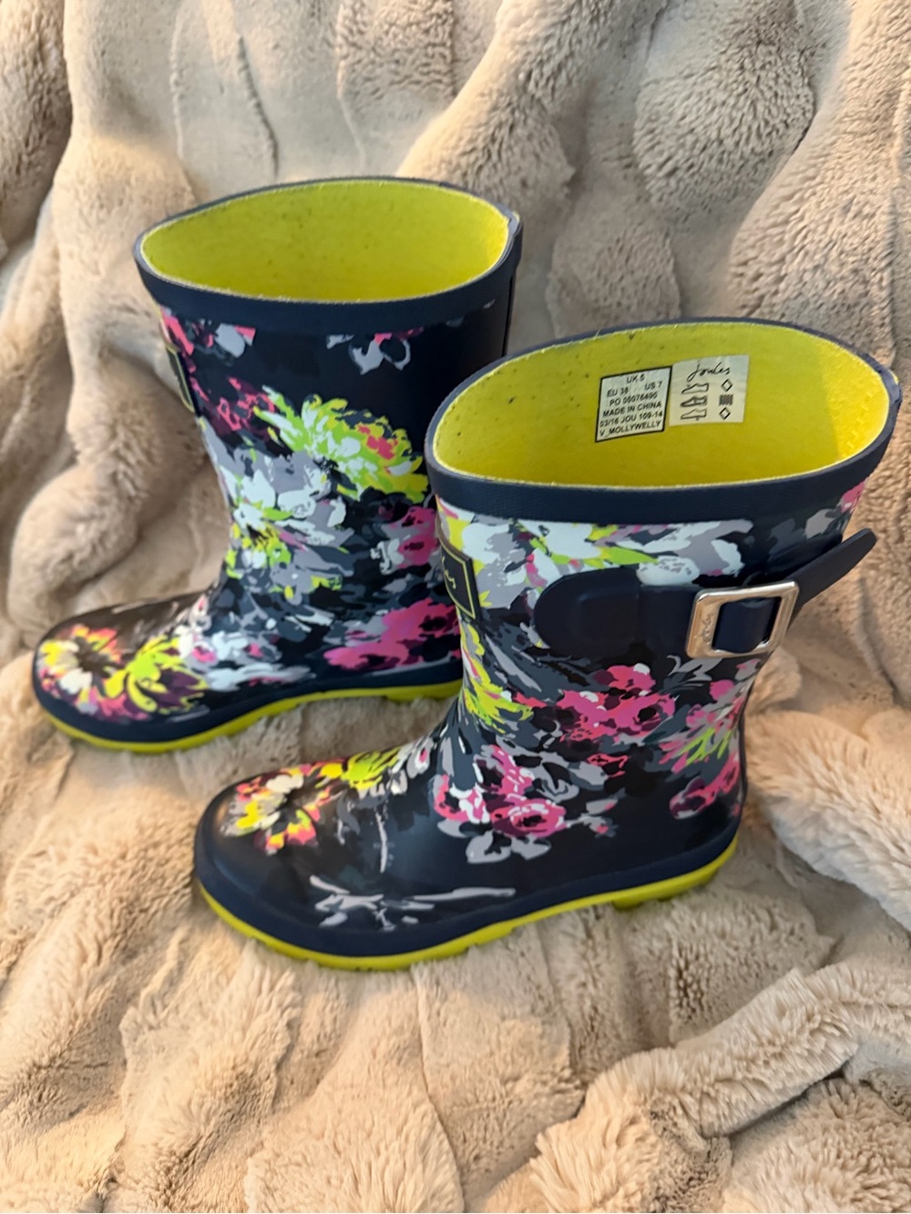 Joules Navy Floral Rain Boots with Neon Yellow Liner